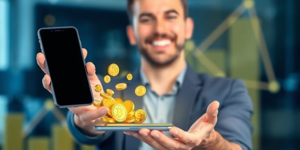 Homem sorrindo, recebendo dinheiro virtual em um dispositivo.