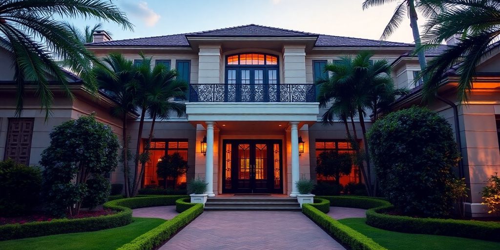 Luxurious home exterior with manicured gardens and elegance.