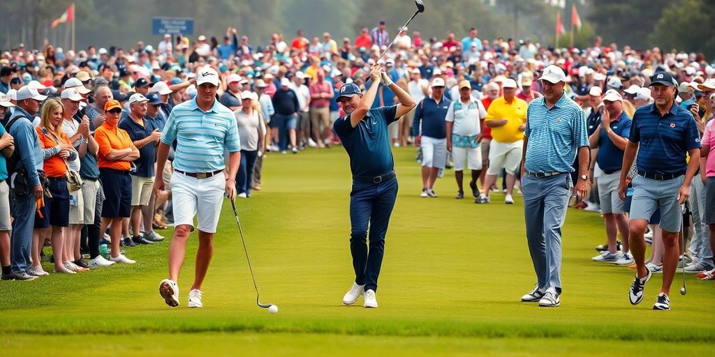 Golfers competing in a lively tournament atmosphere.