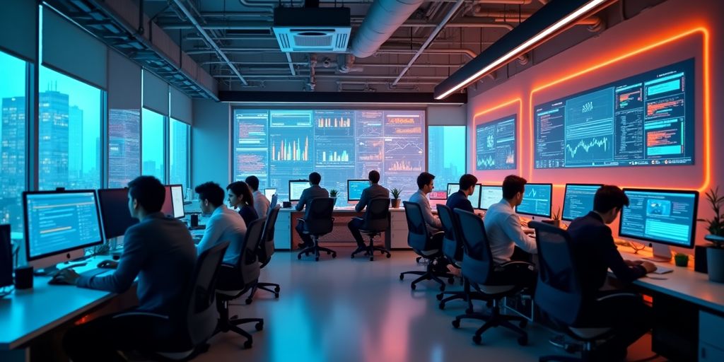 Profissionais colaborando em um escritório moderno e tecnológico.