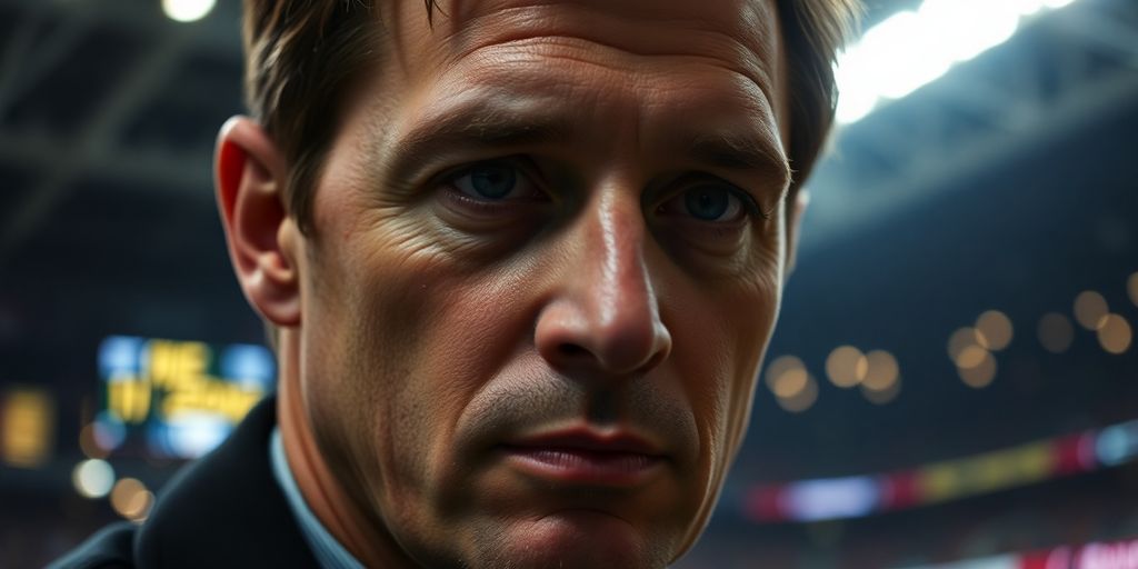 Sports bettor looking thoughtful with blurred stadium lights.