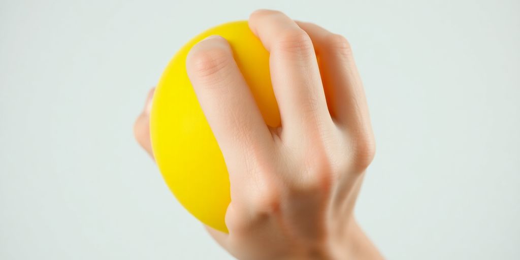 Person squeezing a bright yellow stress ball.