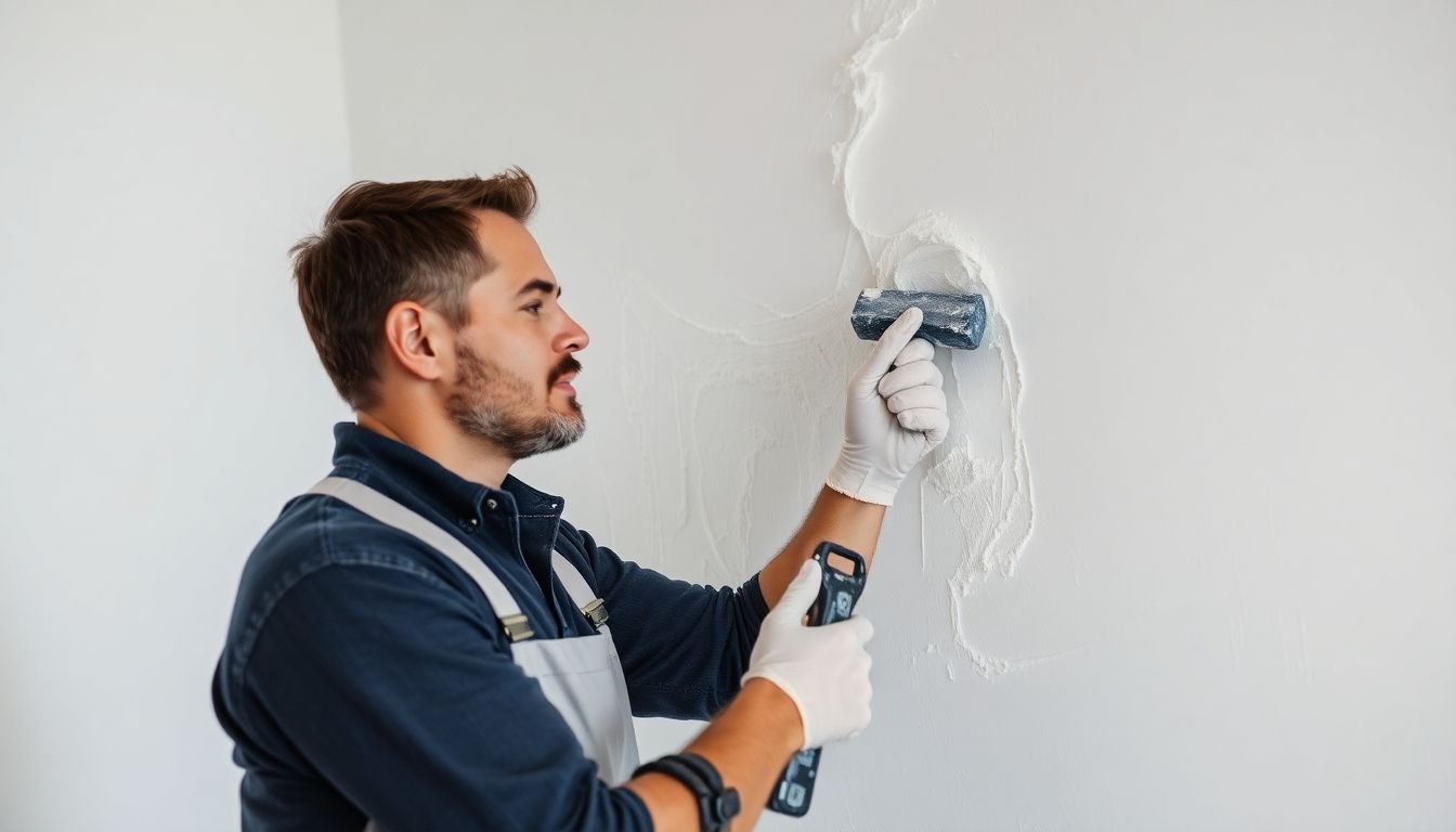 Professional plasterer working on a wall in London.