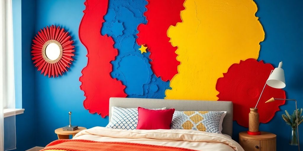 Vibrant bedroom with bold colorful wall decor elements.