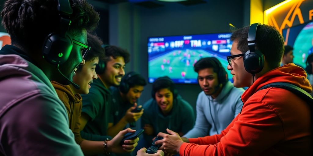 Grupo de gamers jogando EA SPORTS FC.