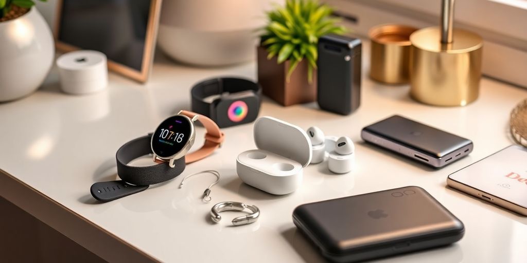 Innovative tech gadgets for women on a stylish desk.