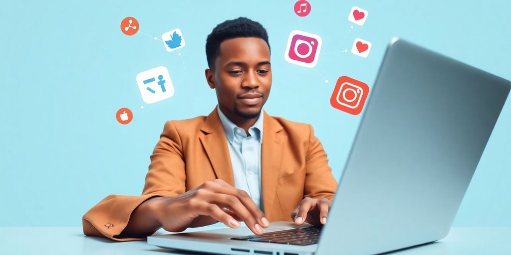 Person networking on laptop, social media icons.