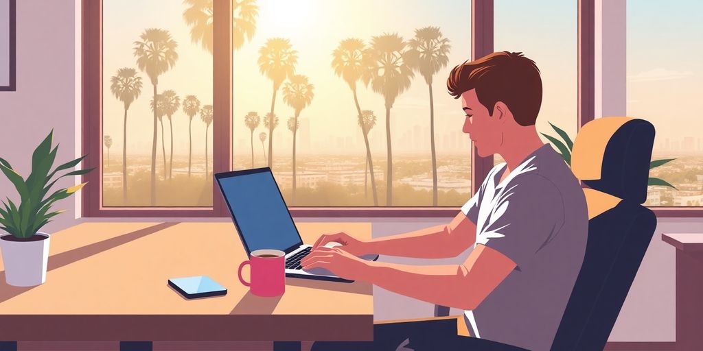 Person typing at laptop with palm trees and skyline backdrop