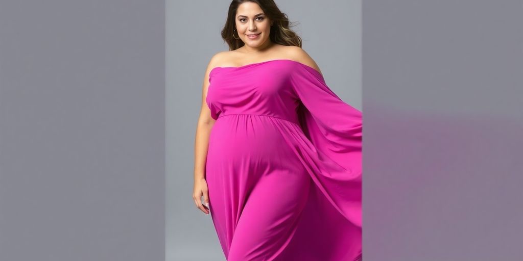 Plus size woman smiling in a flattering A-line dress.