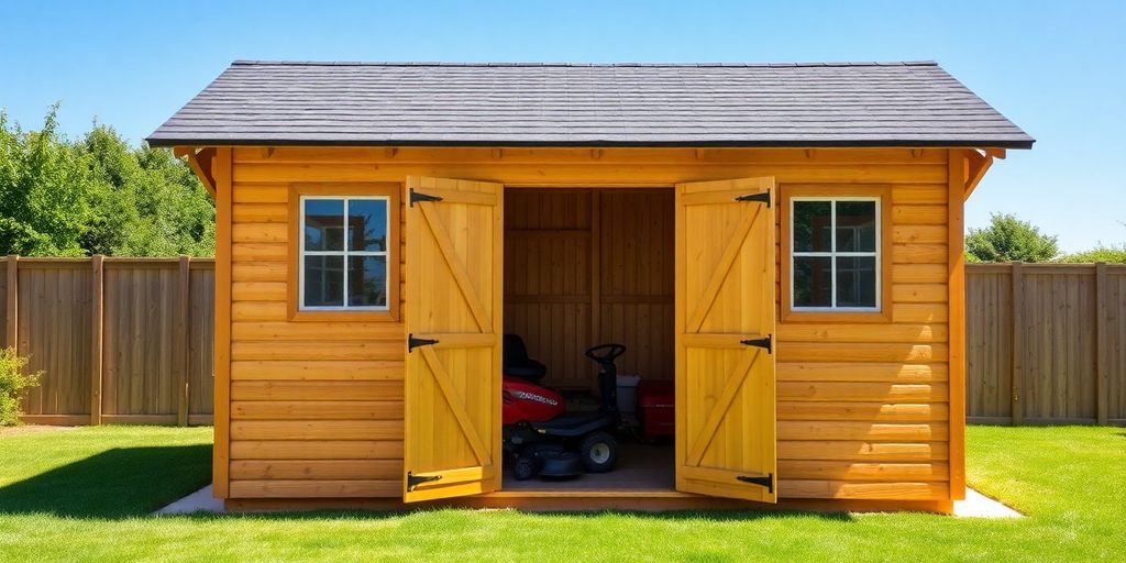 A small shed housing a riding mower.
