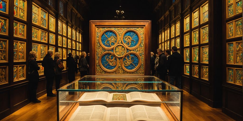 Book of Kells in glass display with visitors