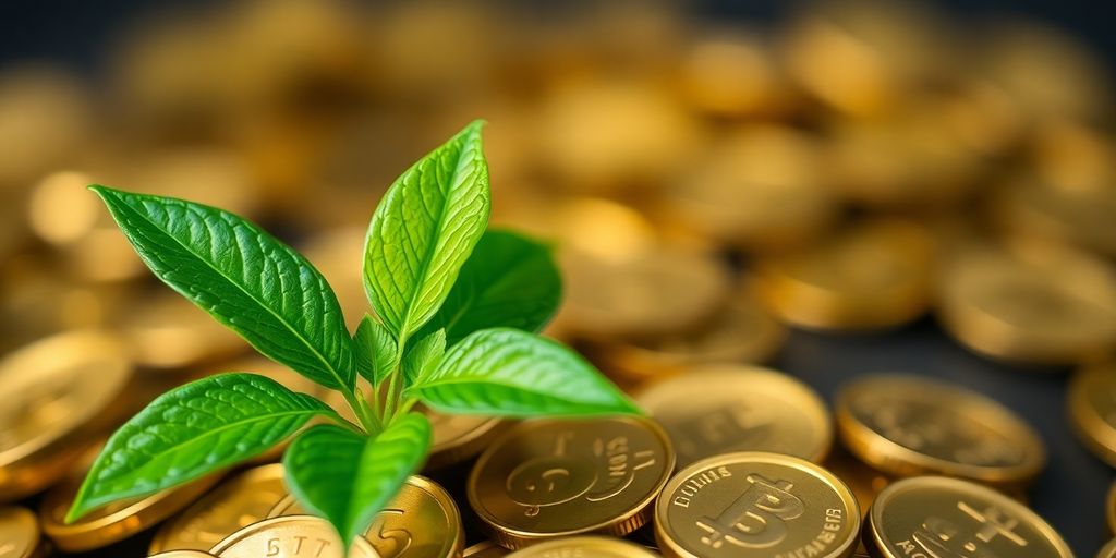 A thriving plant growing upwards from a scattering of coins.