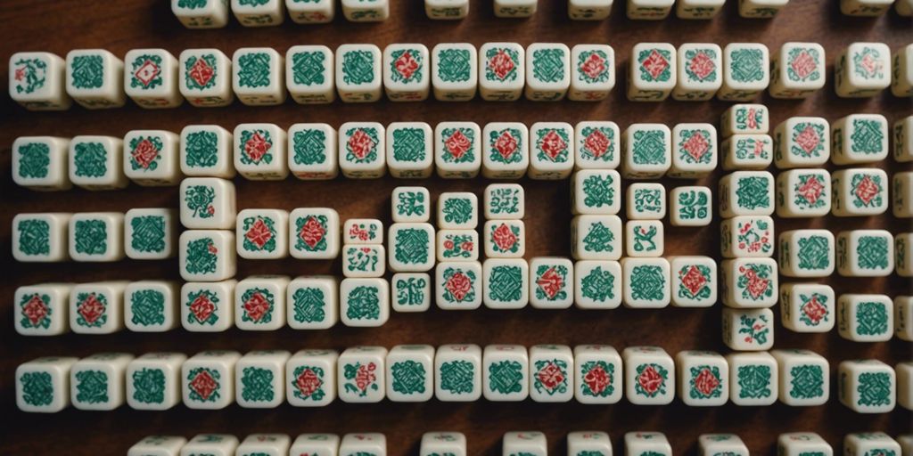 Complete Mahjong set with various tiles arranged on a wooden table, including character, bamboo, and circle tiles.
