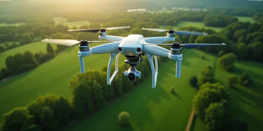 Drones volant au-dessus de paysages verdoyants.