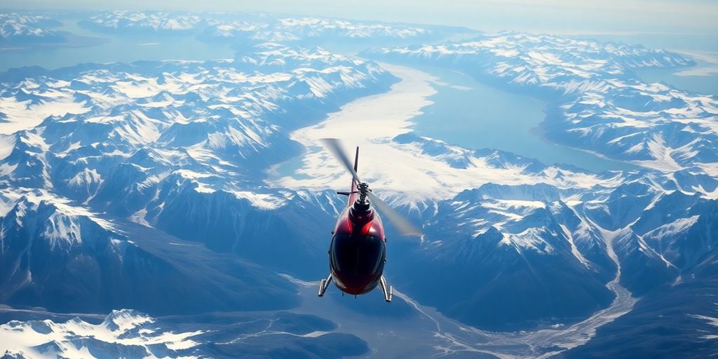 A helicopter flying over majestic snow-covered Alaskan mountains.