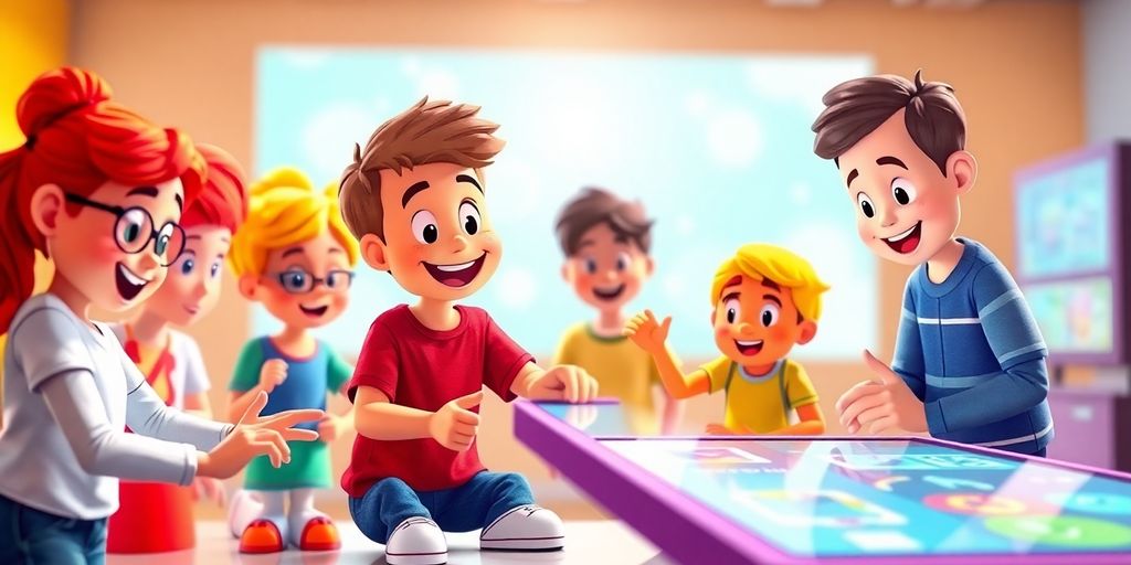 Playful learning characters interacting with digital tools.