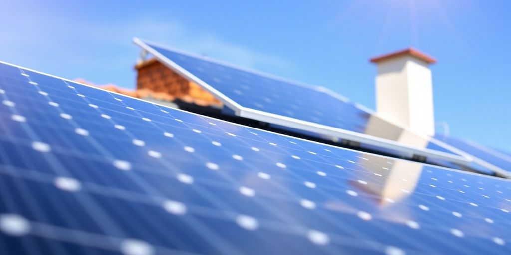Close-up of solar panels on a sunny rooftop.