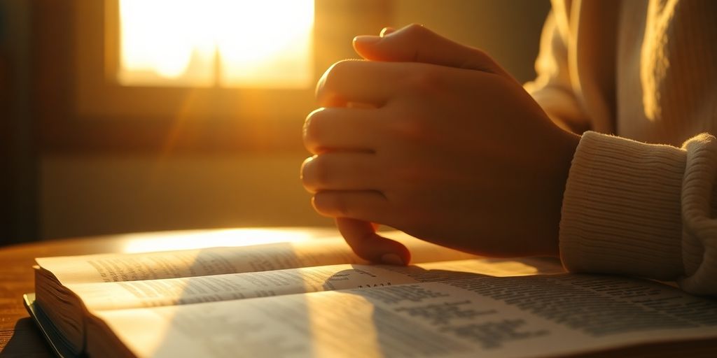 Sunrise, praying hands, open Bible, peaceful morning.