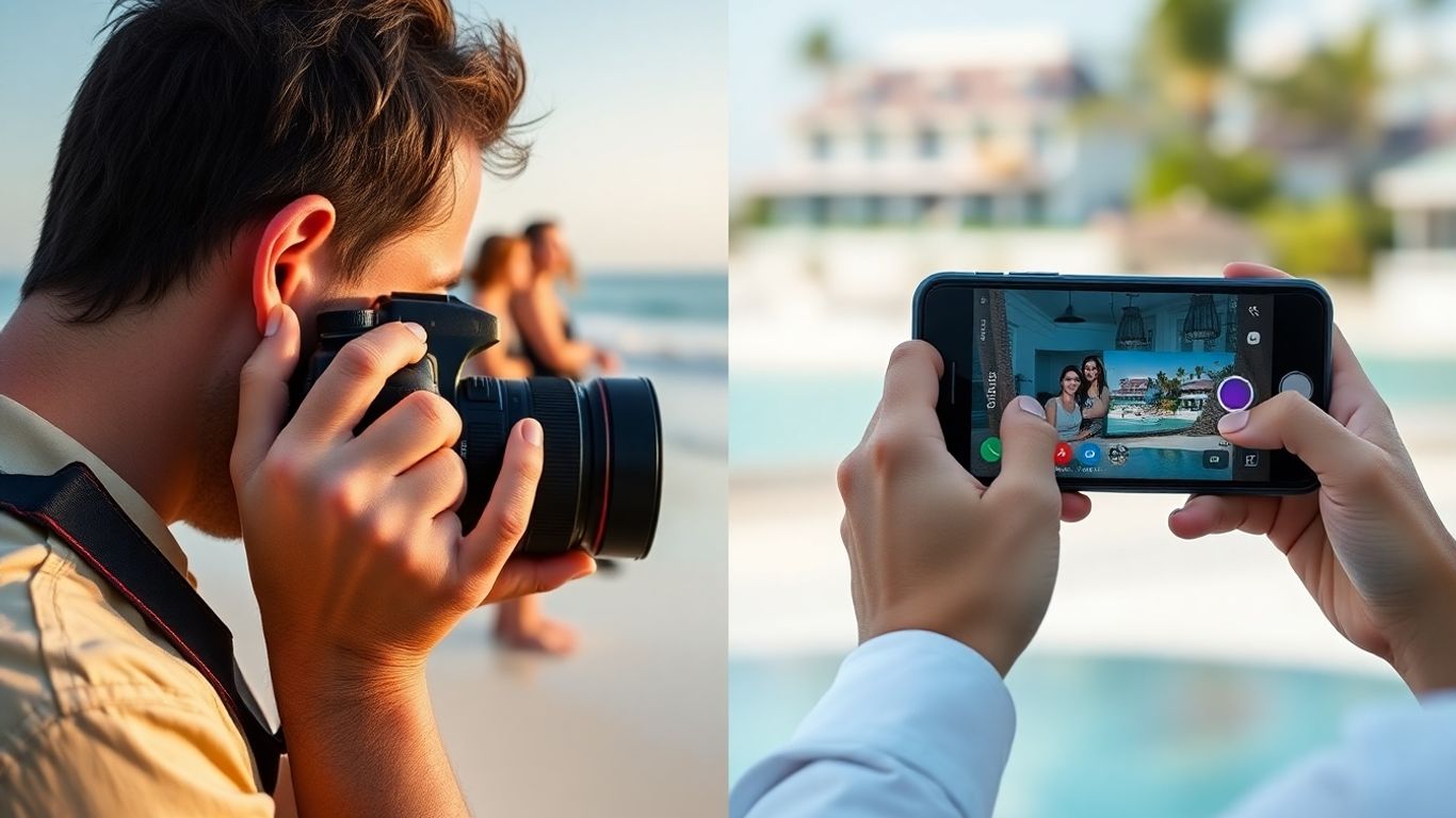 Professional photographer capturing couple versus resort staff taking photos.