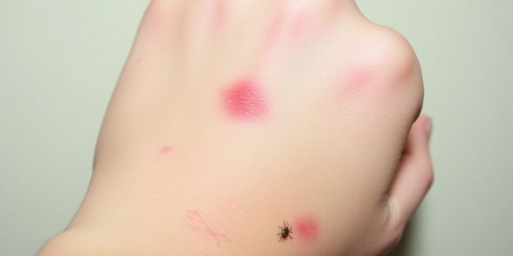 Close-up of irritated skin with red welts from bites.