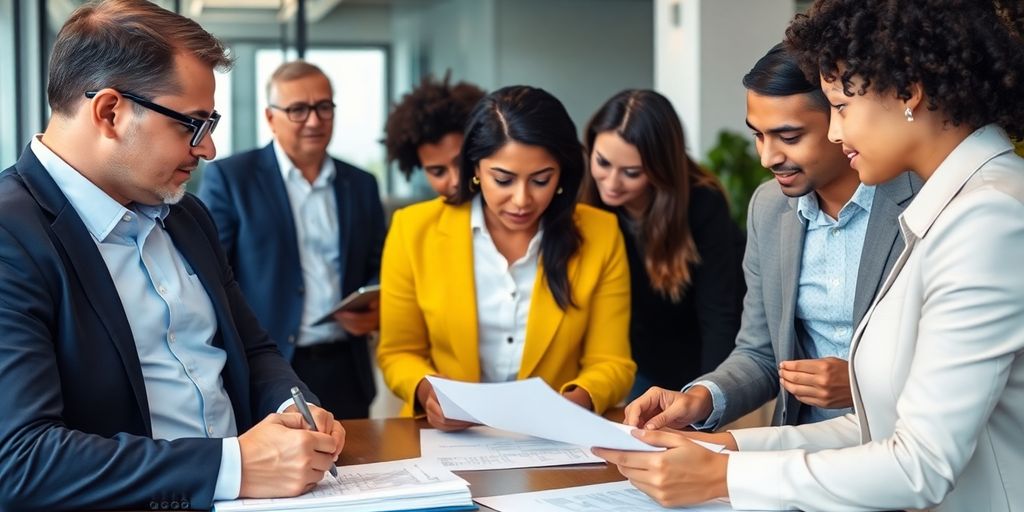 Diverse professionals collaborating in a modern office setting.