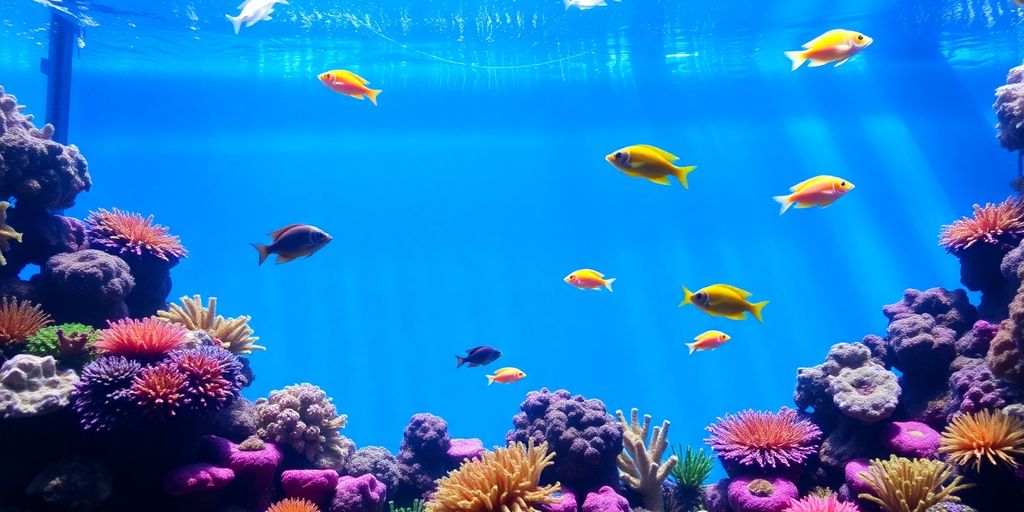 Acuario de agua salada colorido con peces y arrecifes de coral.