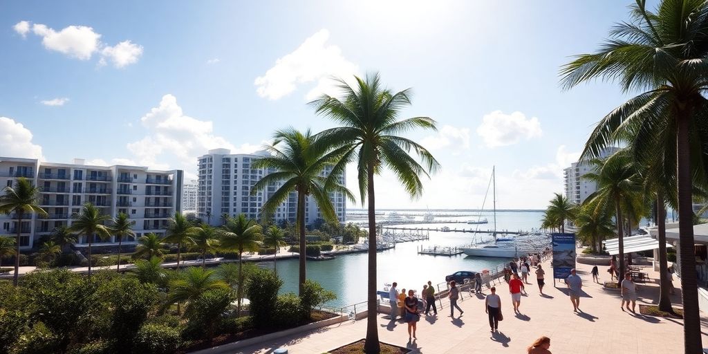Sunny Aventura waterfront with palm trees and vibrant activities.