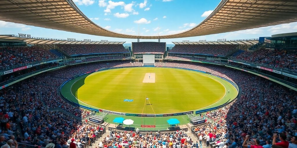 Exciting cricket match at a packed stadium.