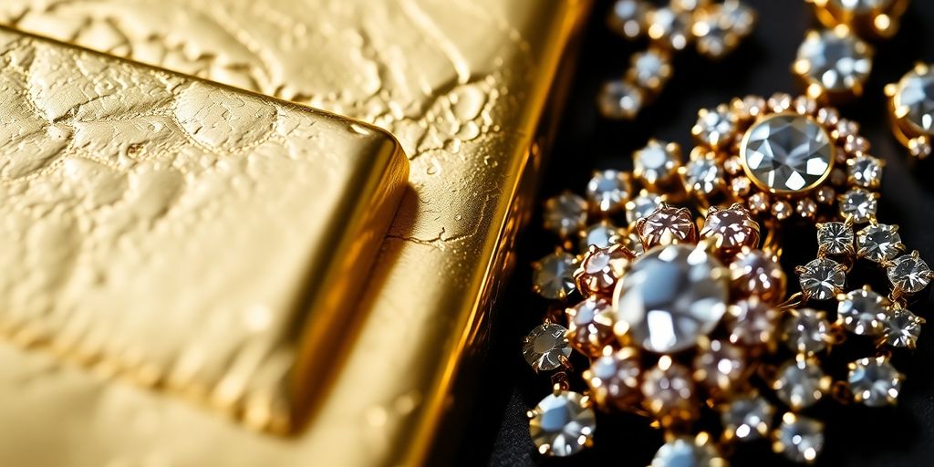 Lingots d'or et bijoux en gros plan.