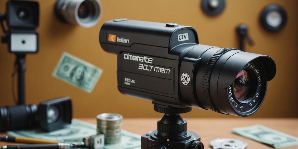 CCTV camera, dollar signs, tools for DIY installation