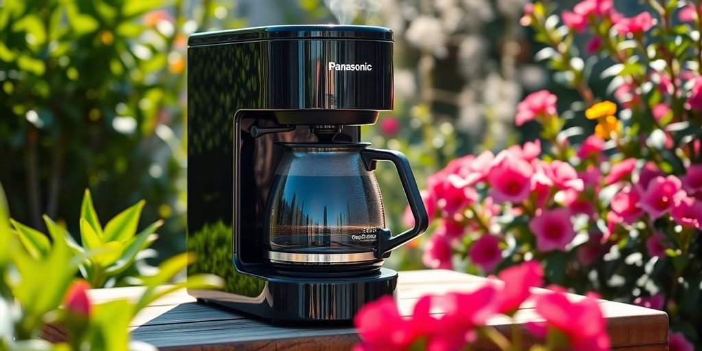 Coffee maker brewing outdoors in a lush garden.