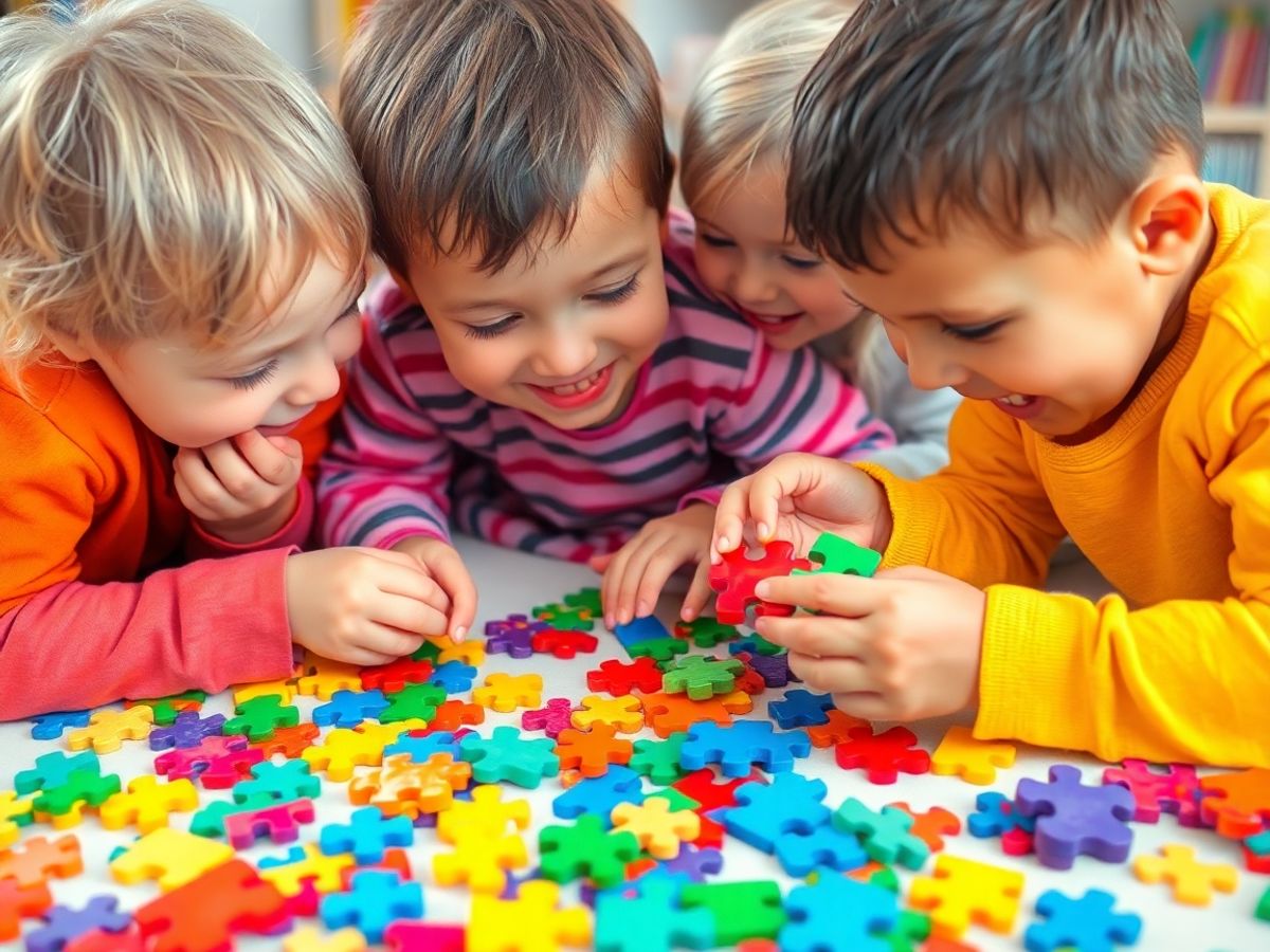 Copii rezolvând puzzle-uri colorate, concentrați și fericiți.