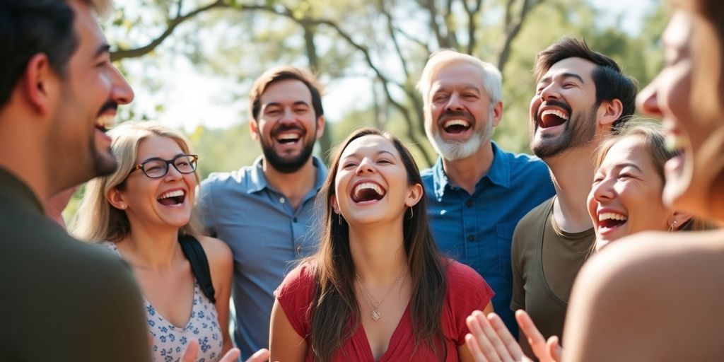 Groep mensen die samen lachen tijdens lachyoga.