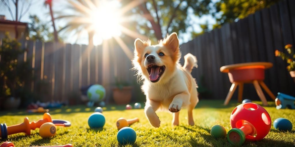 Playful dog in backyard with toys, sunny atmosphere.