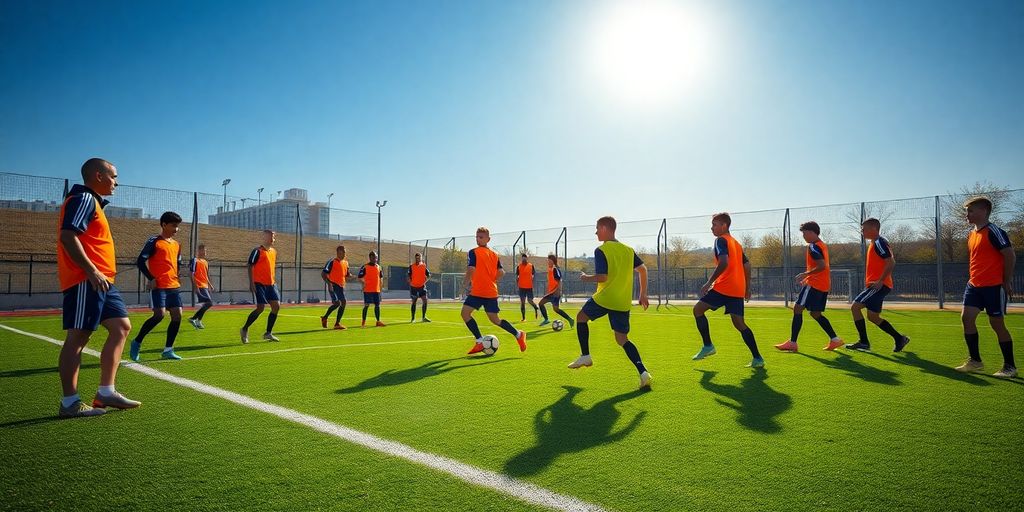 Youth soccer players training on a sunny field.