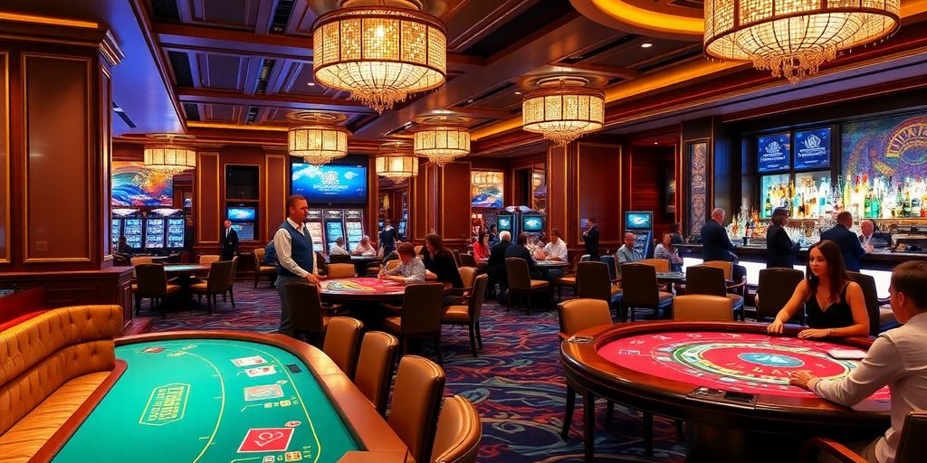 Luxury casino scene with players and exclusive amenities.
