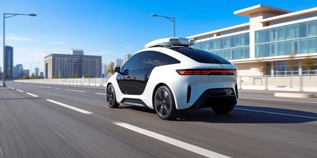 Autonomous vehicle in a modern city environment.
