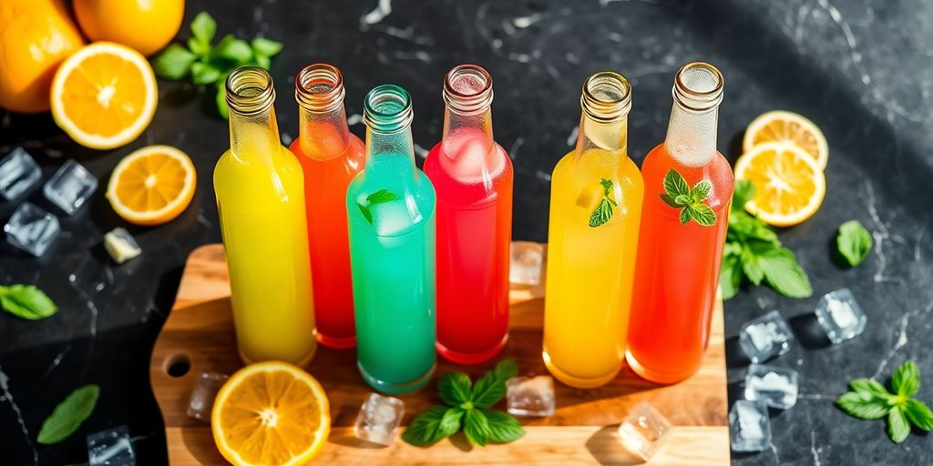 Six colorful cocktail mixer bottles arranged with citrus and mint.