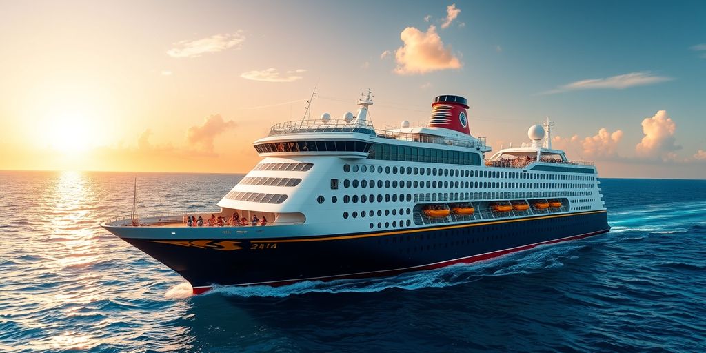 Disney cruise ship with families on deck at sunset
