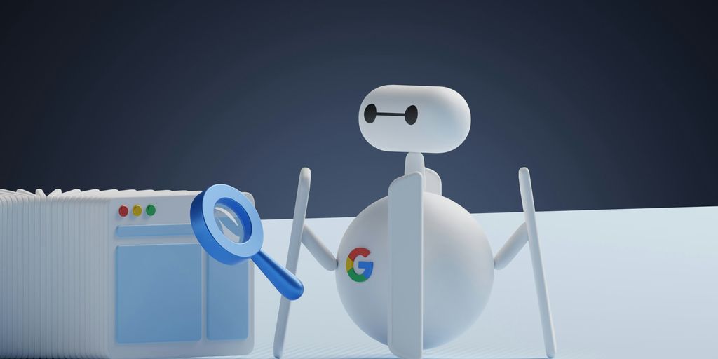 a white robot holding a magnifying glass next to a white box