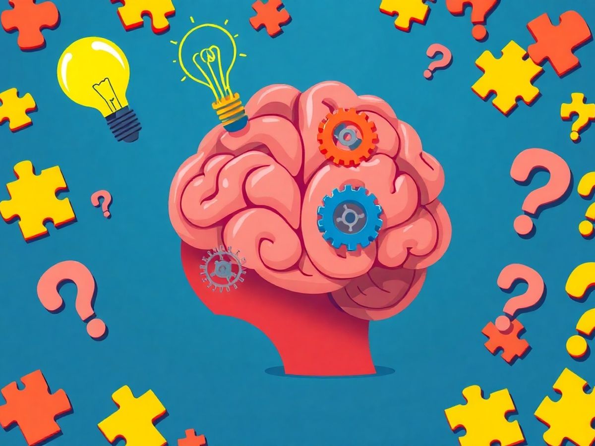 Illustrative brain with gears and light bulbs, engaging imagery.