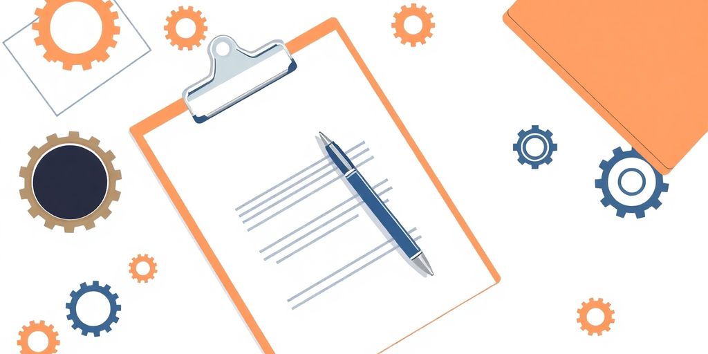 Clipboard, pen, regulations, gears.
