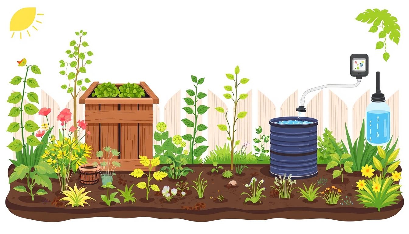 Illustrative garden with compost bin and rainwater system.