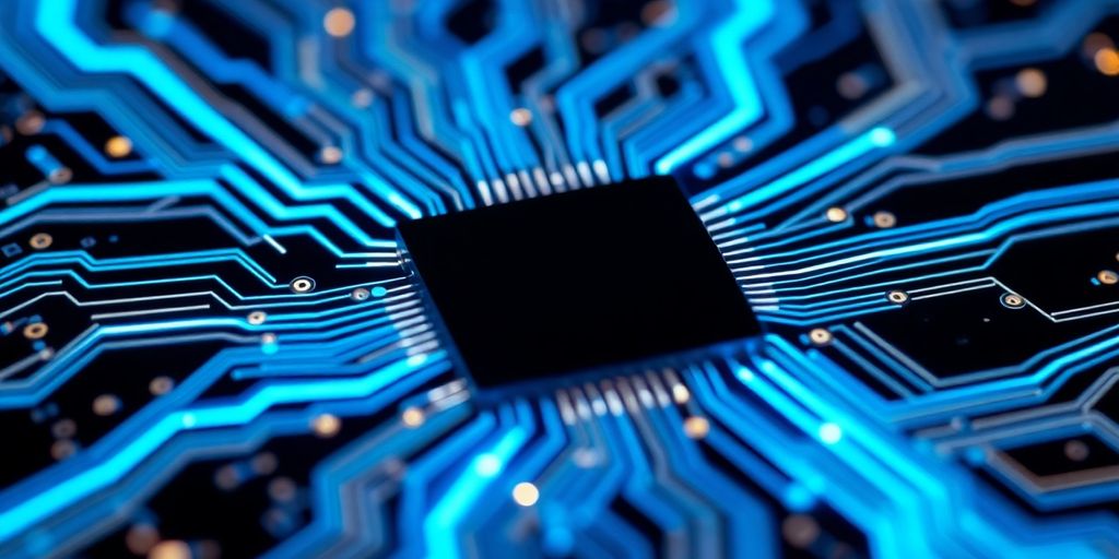 Microchip circuits with glowing blue pathways.