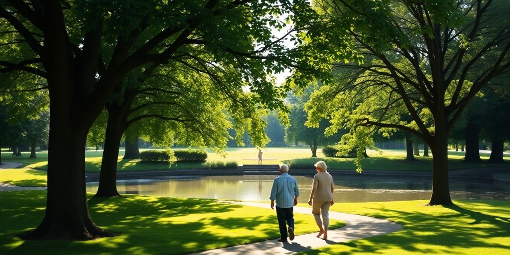 Couple walking in a peaceful park during retirement.