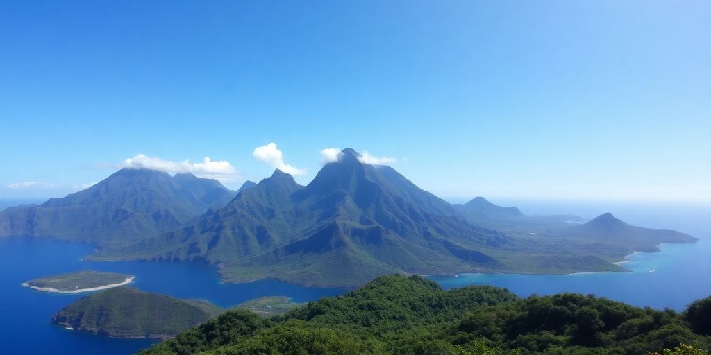 Lush green mountains meet turquoise ocean waters.