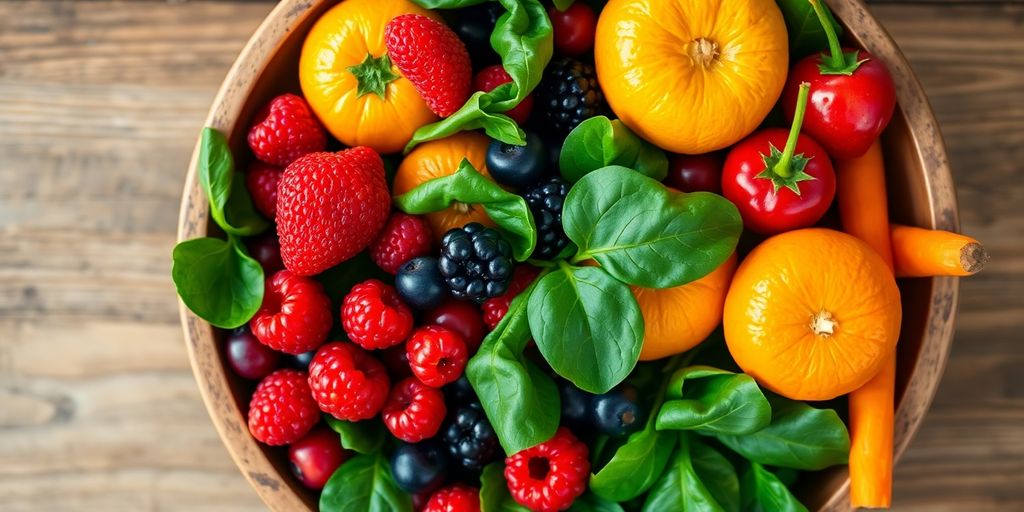 Vibrant assortment of colorful fruits and vegetables.