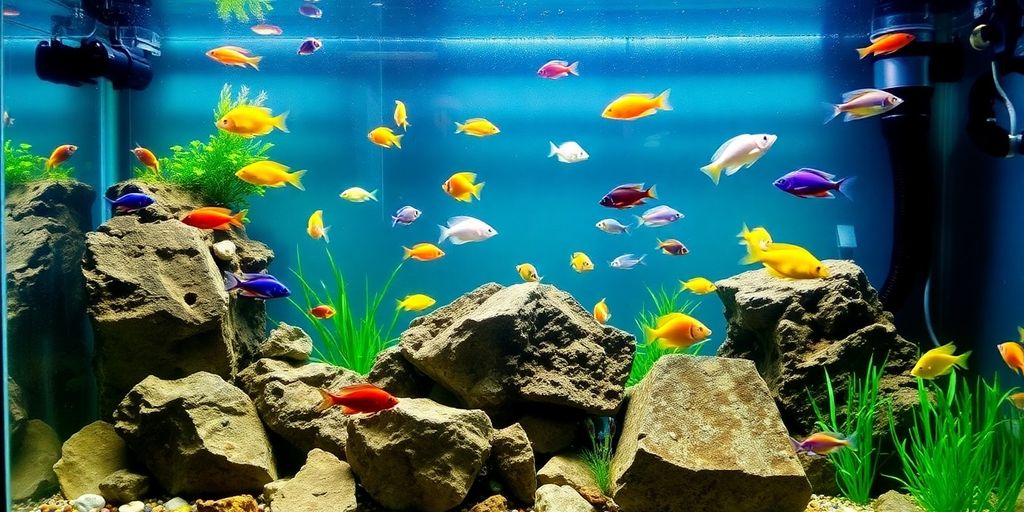 Makulay na saltwater fish tank na may masiglang buhay-dagat.