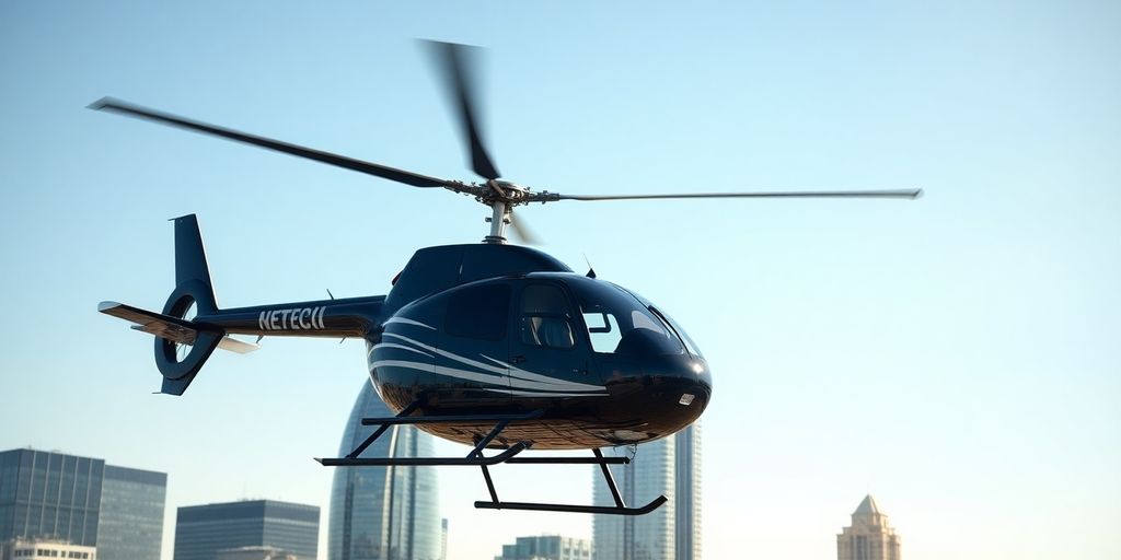A helicopter flying over the Atlanta skyline at sunset.