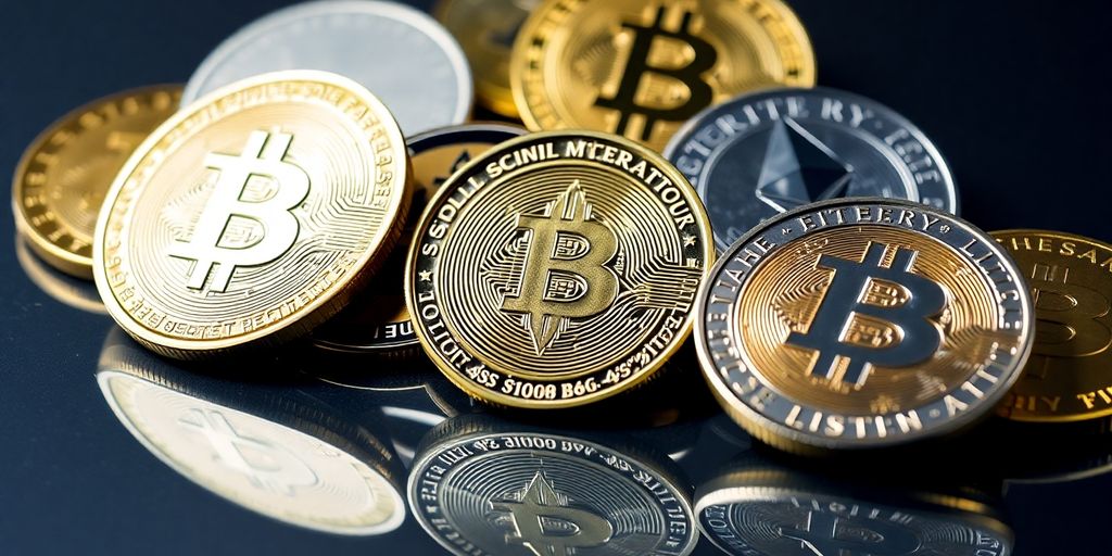 Variety of cryptocurrency coins on a reflective surface.